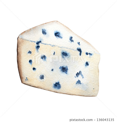 Watercolor cheese piece, isolated on white background. Perfect for gourmet food design, restaurant menu, packaging, cooking blogs, culinary, farmers market posters, rustic kitchen decor 136043135