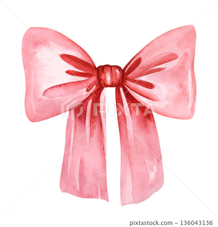 Watercolor pink ribbon bow isolated on white background. Perfect for gift wrapping design, birthday invitation, greeting cards, party decor, scrapbooking projects, wedding templates, festive branding 136043136