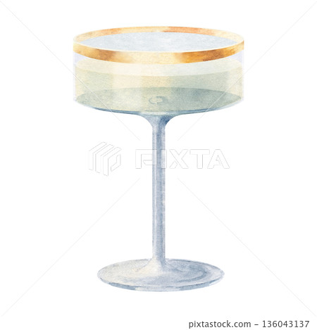Elegant watercolor wine glass with light drink, isolated on white background. Perfect for party invitations, celebration design, bar, restaurant branding, wedding decor, lifestyle projects. 136043137