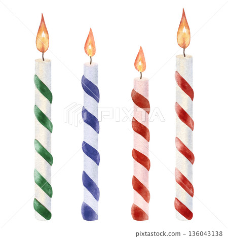 Watercolor striped birthday candles with flame isolated on white background. Perfect for cake decoration design, birthday invitation, greeting card, posters, celebration branding, festive templates Watercolor striped birthday candles with flame isolated on white background. Perfect for cake decoration design, birthday invitation, greeting card, posters, celebration branding, festive templates 136043138