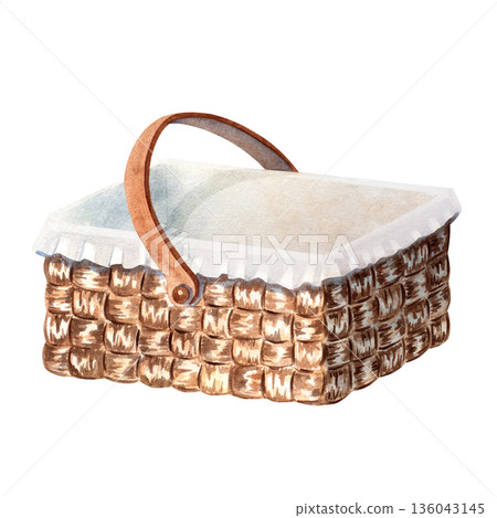 Watercolor wicker picnic basket with fabric liner, isolated on white background. Perfect for picnic design, rustic invitations, greeting cards, farmhouse decor, seasonal posters, lifestyle projects 136043145