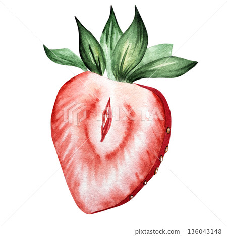 Watercolor strawberry slice fruit, isolated on white background. Perfect for summer food design, dessert decoration, healthy nutrition projects, packaging, menu, greeting card, botanical illustrations 136043148