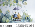 A gentle moment between two people on a bench sharing an umbrella on a rainy day 136043164