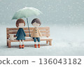 A gentle moment between two people on a bench sharing an umbrella on a rainy day 136043182