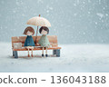 A gentle moment between two people on a bench sharing an umbrella on a rainy day 136043188