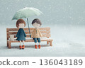 A gentle moment between two people on a bench sharing an umbrella on a rainy day 136043189
