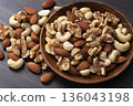 Mixed nuts in a wooden bowl Mixed nuts in a wooden bowl 136043198