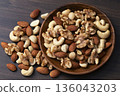 Mixed nuts in a wooden bowl Mixed nuts in a wooden bowl 136043203