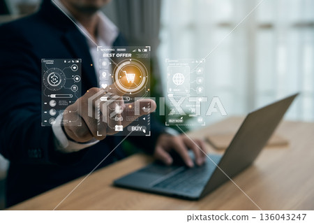 Businessman holding CO2 icon with gears and renewable energy icons. Concept of carbon footprint reduction, net zero emissions, sustainability, and ESG goals for environmental technology. 136043247