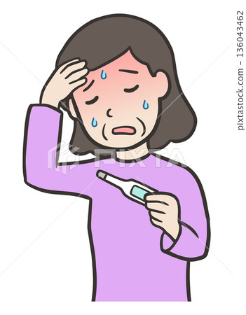 一位發燒的中年婦女拿著體溫計 一位發燒的中年婦女拿著體溫計 136043462