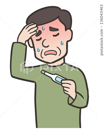 一位發燒的中年男子拿著體溫計 一位發燒的中年男子拿著體溫計 136043463