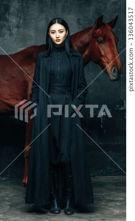 portrait of red dressed asian woman with horse 136043517