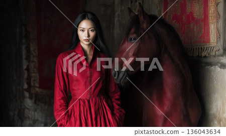 portrait of red dressed asian woman with horse 136043634