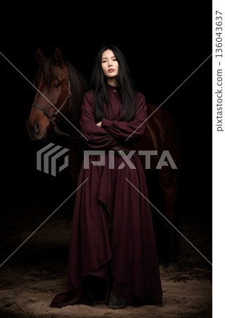portrait of red dressed asian woman with horse 136043637