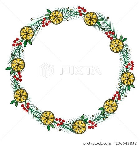 Graphic vector wreath with fir branches, oranges. A template for the design of labels and packages of Christmas sweets. 136043838