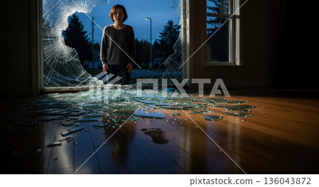 A woman stands in shock after the window of her home is broken 136043872