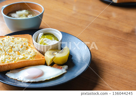 Cafe-style breakfast plate with toast and fried eggs Cafe-style breakfast plate with toast and fried eggs 136044245