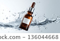 Braun cosmetic bottle on the water splashes surface. Blank label for branding mock-up. The concept of skin care aroma oil cosmetic product serum or liquid 136044668