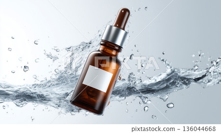 Braun cosmetic bottle on the water splashes surface. Blank label for branding mock-up. The concept of skin care aroma oil cosmetic product serum or liquid Braun cosmetic bottle on the water splashes surface. Blank label for branding mock-up. The concept of skin care aroma oil cosmetic product serum or liquid 136044668