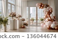 birthday or wedding arch window indoor backdrop photo zone decoration with multicolored flowers. Decor with fabrics and flowers golden and pink balloons 136044674