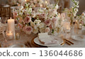 3Rose pink white rustic Wedding table set up in classic style with Rose pink flowers and candles and plates 136044686