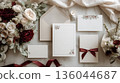 Set of cards of wedding invitation cards elegant set of craft envelopes, paper invitations, red marsala colored ribbons, name place card, minimalist view Flat lay 136044687