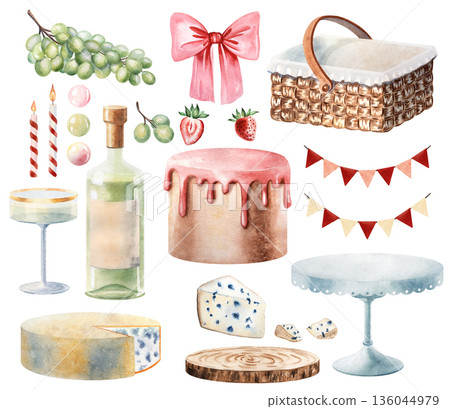 Elegant watercolor dessert composition set with cake stand, birthday cake, wine bottle, grapes and cheese. Perfect for festive invitations, bakery branding, party templates and celebration graphics 136044979