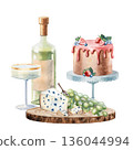 Watercolor festive composition with wine bottle, cheese, grapes and cake on stand. Perfect for birthday invitations, celebration cards, catering design, bakery branding and holiday decorations 136044994