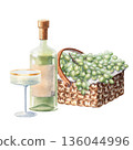 Watercolor picnic composition with wicker basket filled with green grapes, wine bottle and elegant coupe glasses. Perfect for party invitations, wine tasting design, picnic decor, greeting cards. 136044996
