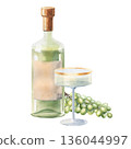 Elegant watercolor wine composition with bottle, glass and fresh green grapes. Ideal for wine labels, restaurant menus, beverage branding, party invitations and modern festive designs 136044997