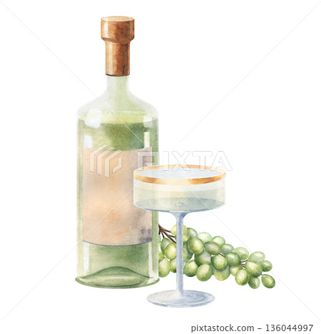 Elegant watercolor wine composition with bottle, glass and fresh green grapes. Ideal for wine labels, restaurant menus, beverage branding, party invitations and modern festive designs Elegant watercolor wine composition with bottle, glass and fresh green grapes. Ideal for wine labels, restaurant menus, beverage branding, party invitations and modern festive designs 136044997
