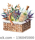 Watercolor picnic basket with wine bottle and floral arrangement isolated on white background. Perfect for invitations, lifestyle design, rustic decor, greeting cards, summer posters, branding 136045000