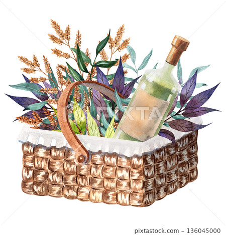 Watercolor picnic basket with wine bottle and floral arrangement isolated on white background. Perfect for invitations, lifestyle design, rustic decor, greeting cards, summer posters, branding 136045000