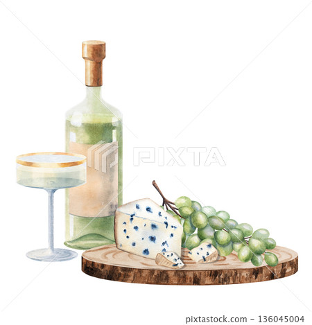 Watercolor wine and blue cheese picnic composition with grapes isolated on white background. Perfect for gourmet branding, restaurant menu design, food posters, party invitations, lifestyle projects Watercolor wine and blue cheese picnic composition with grapes isolated on white background. Perfect for gourmet branding, restaurant menu design, food posters, party invitations, lifestyle projects 136045004