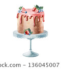 Watercolor birthday cake with berries, floral decoration, isolated on white background. Perfect for party invitations, greeting cards, celebration posters, bakery branding, festive design 136045007