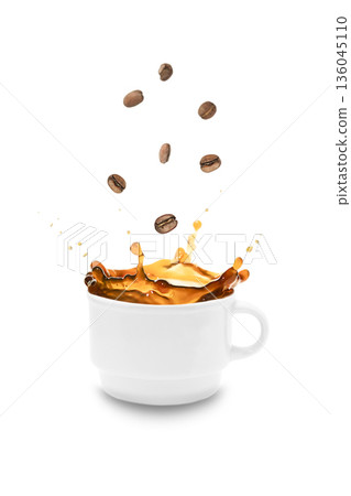 Coffee splash in a white cup with floating bean, dynamic and energetic Demonstration Color of the Year 2026 Coffee splash in a white cup with floating bean, dynamic and energetic Demonstration Color of the Year 2026 136045110