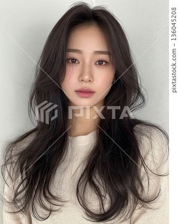 A natural woman looking at the camera. A beauty photo with a calm image. 136045208