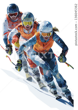 Alpine skiing graphic art effect poster. Alpine skiing dynamic multicolor graphic wallpaper or banner 136045362