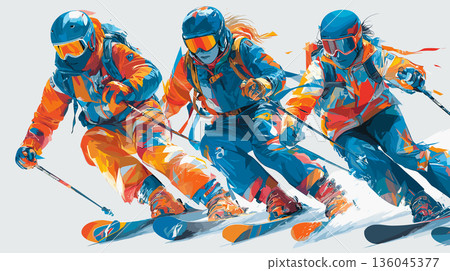 Alpine skiing graphic art effect poster. Alpine skiing dynamic multicolor graphic wallpaper or banner Alpine skiing graphic art effect poster. Alpine skiing dynamic multicolor graphic wallpaper or banner 136045377