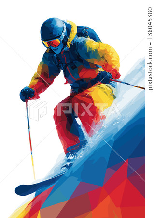 Alpine skiing graphic art effect poster. Alpine skiing dynamic multicolor graphic wallpaper or banner 136045380
