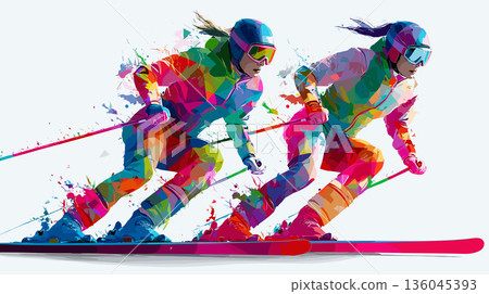 Alpine skiing graphic art effect poster. Alpine skiing dynamic multicolor graphic wallpaper or banner Alpine skiing graphic art effect poster. Alpine skiing dynamic multicolor graphic wallpaper or banner 136045393
