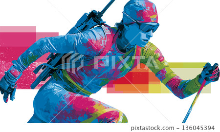 Biathlon graphic art effect poster. Biathlon dynamic multicolor graphic wallpaper or banner 136045394