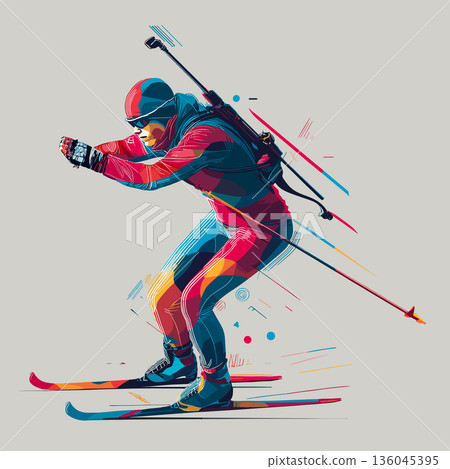 Biathlon graphic art effect poster. Biathlon dynamic multicolor graphic wallpaper or banner 136045395