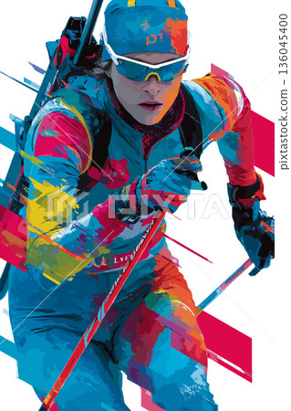 Biathlon graphic art effect poster. Biathlon dynamic multicolor graphic wallpaper or banner 136045400