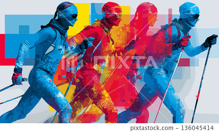 Cross-country skiing graphic art effect poster. Cross-country skiing dynamic multicolor graphic wallpaper or banner 136045414