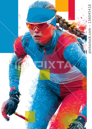 Cross-country skiing graphic art effect poster. Cross-country skiing dynamic multicolor graphic wallpaper or banner Cross-country skiing graphic art effect poster. Cross-country skiing dynamic multicolor graphic wallpaper or banner 136045416