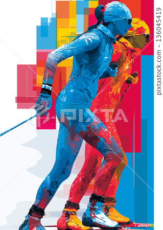 Cross-country skiing graphic art effect poster. Cross-country skiing dynamic multicolor graphic wallpaper or banner Cross-country skiing graphic art effect poster. Cross-country skiing dynamic multicolor graphic wallpaper or banner 136045419