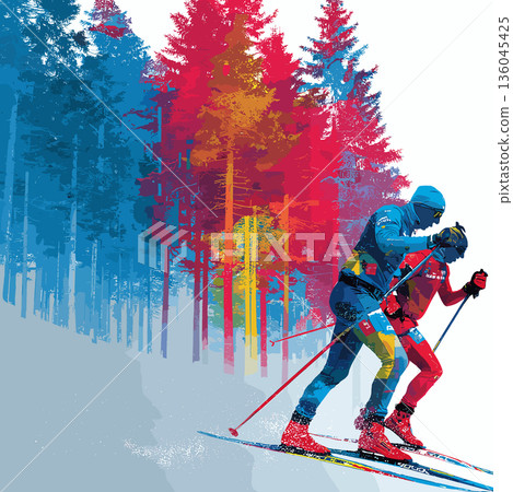 Cross-country skiing graphic art effect poster. Cross-country skiing dynamic multicolor graphic wallpaper or banner 136045425