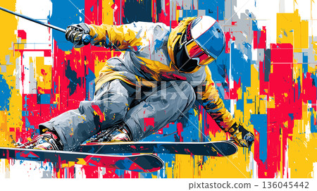 Freestyle skiing graphic art effect poster. Freestyle skiing dynamic multicolor graphic wallpaper or banner 136045442