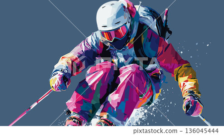 Freestyle skiing graphic art effect poster. Freestyle skiing dynamic multicolor graphic wallpaper or banner 136045444